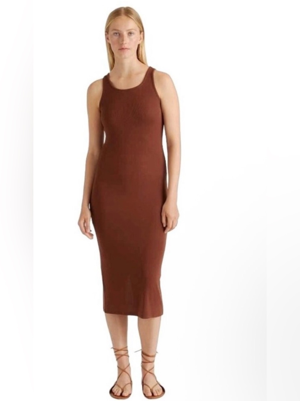 Good American Micro Rib Midi Dress Rust Brown Size M Bodycon